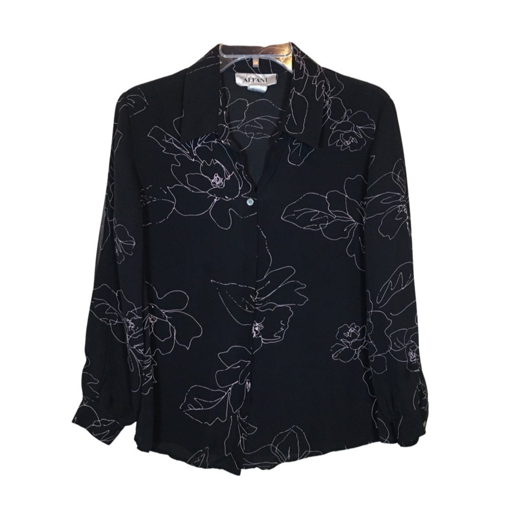 Vintage Silk Floral Button Front Black & Pink Blouse Size 12